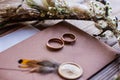 Wedding rings, wedding accessories in rustic style. invitation, brideÃ¯Â¿Â½s wreath