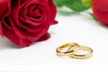 Wedding rings and artificial rose on white background Royalty Free Stock Photo