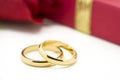 Wedding rings and artificial rose on white background Royalty Free Stock Photo