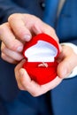 Wedding rings in hand. wedding rings in the hands of the groom.