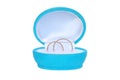 Wedding rings in blue gift box isolated on white Royalty Free Stock Photo