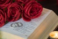 Wedding rings on book with red rose Royalty Free Stock Photo