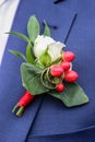 Wedding rings on boutonniere on jacket of groom. Royalty Free Stock Photo