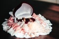 Wedding rings in a box and a garter of the bride on the wooden table Royalty Free Stock Photo