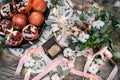 Wedding rings in a box stand on the table next to the bridal bouquet and fruit Royalty Free Stock Photo