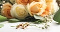 Wedding rings on branch with roses on white background Royalty Free Stock Photo