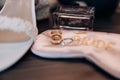 Wedding rings of the bride and groom close-up against the background of a bouquet of flowers and shoes Royalty Free Stock Photo