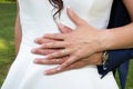 Wedding rings on bride and groom fingers  hands on marriage white dress background outdoor celebration Royalty Free Stock Photo