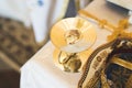 Wedding rings on ceremony at church. Macro Royalty Free Stock Photo