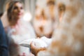 Wedding rings on ceremony at church. Macro. Royalty Free Stock Photo