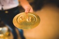 Wedding rings on ceremony at church. Macro. Royalty Free Stock Photo