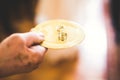 Wedding rings on ceremony at church. Macro. Royalty Free Stock Photo