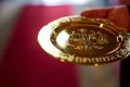 Wedding rings in church ready for marriage ceremony. close up. Shallow dof Royalty Free Stock Photo