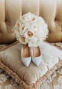 wedding rings composition details bridesmaid shoes heels Royalty Free Stock Photo