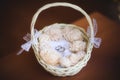 Wedding rings in a decorated basket with ribbons Royalty Free Stock Photo