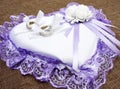 Wedding rings on elegant pillow with purple lace