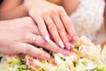 Wedding rings on fingers of young wife and husband symbolize marriage Royalty Free Stock Photo