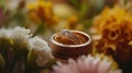 Gold Diamond Engagement Ring and Wedding Band with Blurred Flowers Background Royalty Free Stock Photo
