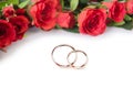 The wedding rings and flowers isolated on white background Royalty Free Stock Photo