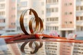 Wedding rings, flowers and ribbon on the roof of the car on the background of city buildings Royalty Free Stock Photo