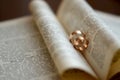 Wedding rings, gold on the background of a book Royalty Free Stock Photo