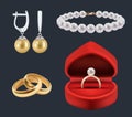 Wedding rings. Gold trappings in decoration red packs glossy jewelry vector realistic set