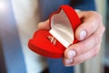 Wedding rings in hand. wedding rings in the hands of the groom.