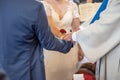 wedding rings and hands of bride and groom ring exchange couple at ceremony in love Royalty Free Stock Photo