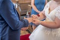 wedding rings and hands of bride and groom ring exchange couple at ceremony in love Royalty Free Stock Photo