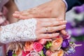 Wedding rings on the hands of the bride and groom