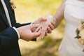 Wedding rings and hands of bride and groom Royalty Free Stock Photo