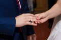 Wedding rings and hands of bride and groom. young wedding couple at ceremony. matrimony. man and woman in love. two happy people Royalty Free Stock Photo