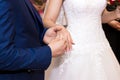 Wedding rings and hands of bride and groom. young wedding couple at ceremony. matrimony. man and woman in love. two happy people Royalty Free Stock Photo