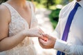 Wedding rings and hands of bride and groom. young wedding couple at ceremony. matrimony. man and woman in love. two happy people Royalty Free Stock Photo