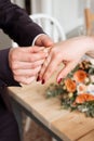wedding rings and hands of bride and groom. young wedding couple at ceremony. matrimony. man and woman in love. two happy people c Royalty Free Stock Photo