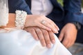 Wedding rings on the hands of the groom and the bride Royalty Free Stock Photo