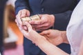 Wedding rings, hands, wedding ceremony in church Royalty Free Stock Photo