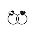 Wedding rings with a heart icon logo flat in black on isolated white background. EPS 10 vector or Valentine`s Day. Simple love Royalty Free Stock Photo