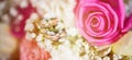 gold wedding rings on lavender flowers nature blur background.Banner and panorama with copy space. Royalty Free Stock Photo