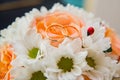 Wedding rings lie on a bouquet of orange roses and white colors. Ladybug. Royalty Free Stock Photo