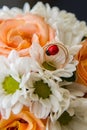 Wedding rings lie on a bouquet of orange roses and white colors. Ladybug. Royalty Free Stock Photo
