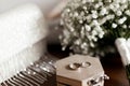 Wedding rings lie on a wooden box Royalty Free Stock Photo