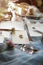 Wedding rings lit up by the sun rays lie on the prepared for sending letters made of paper with a sealing wax seal. Royalty Free Stock Photo