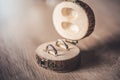 Wedding rings on natural wood backround.