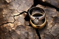 wedding rings nestled in a cracked riverbed stone