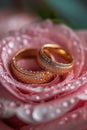 Wedding rings nestled on a dewy rose, symbolizing romantic. AI Generated Royalty Free Stock Photo