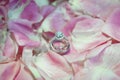 Wedding rings with petal pink rose flower. - (Selective focus) Royalty Free Stock Photo