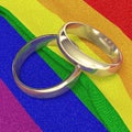 Wedding rings on rainbow banner