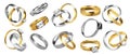 Wedding rings. Realistic jewelry. Golden ceremony rings. Silver honeymoon elements with diamonds and precious stones