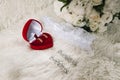wedding rings in a red heart-shaped box lie next to the bride\'s garter Royalty Free Stock Photo